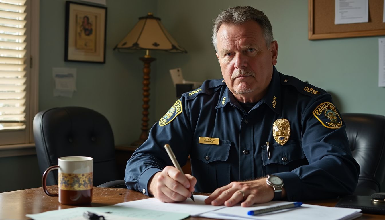 A focused police officer reviews paperwork in a cluttered office. A focused police officer reviews paperwork in a cluttered office.