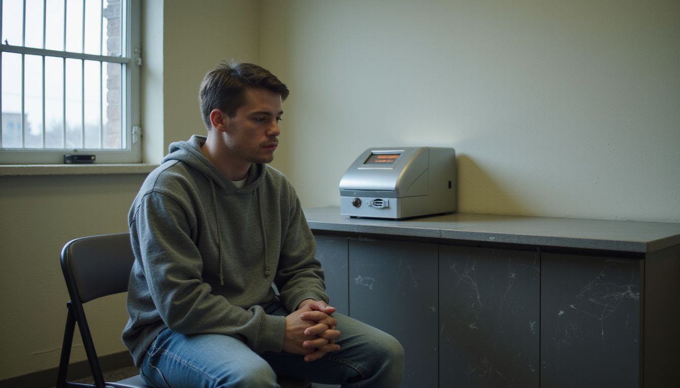 A young adult anxiously sits in a police interrogation room. A young adult anxiously sits in a police interrogation room.