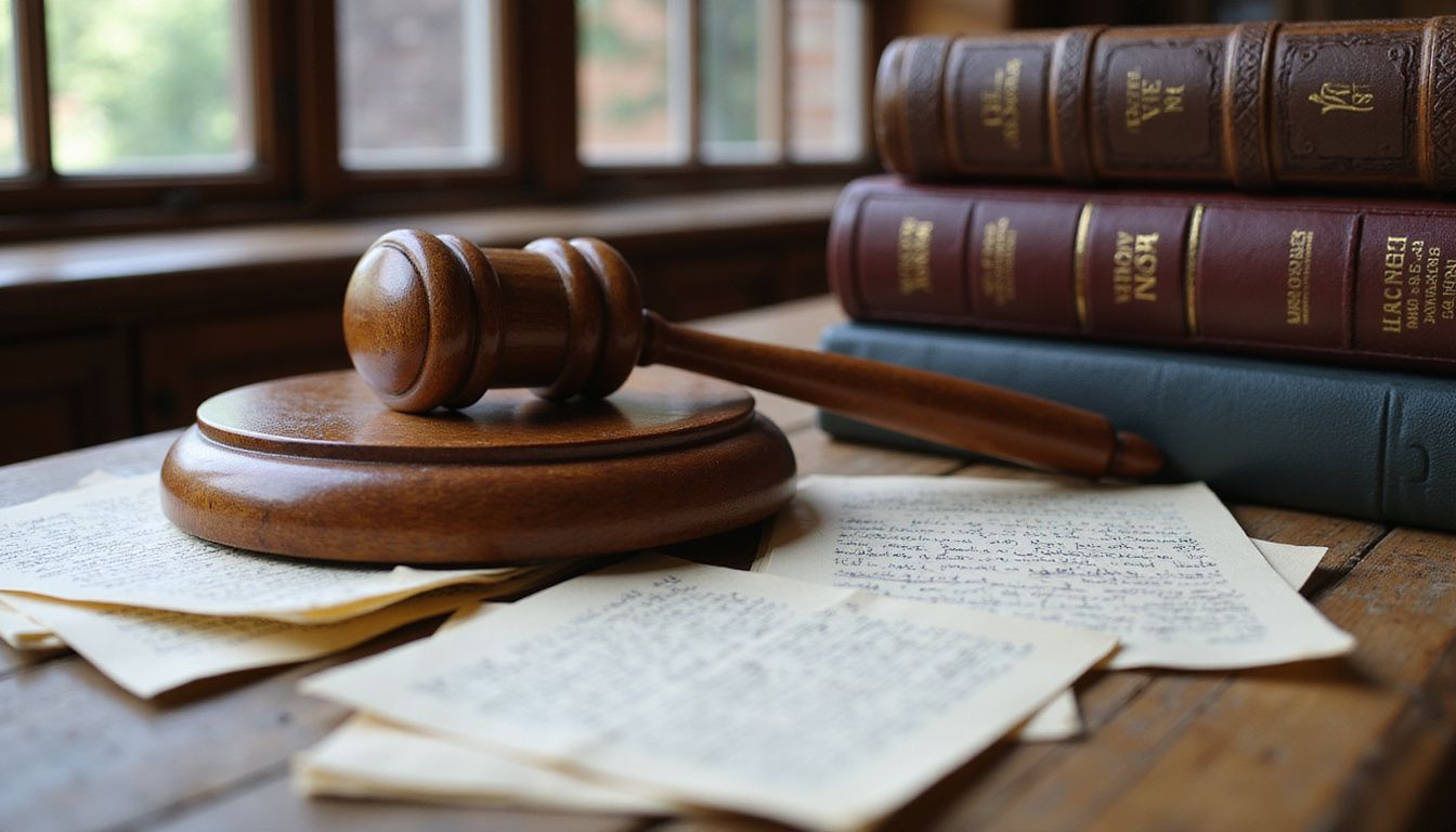 A polished gavel rests on a weathered desk with legal documents. A polished gavel rests on a weathered desk with legal documents.