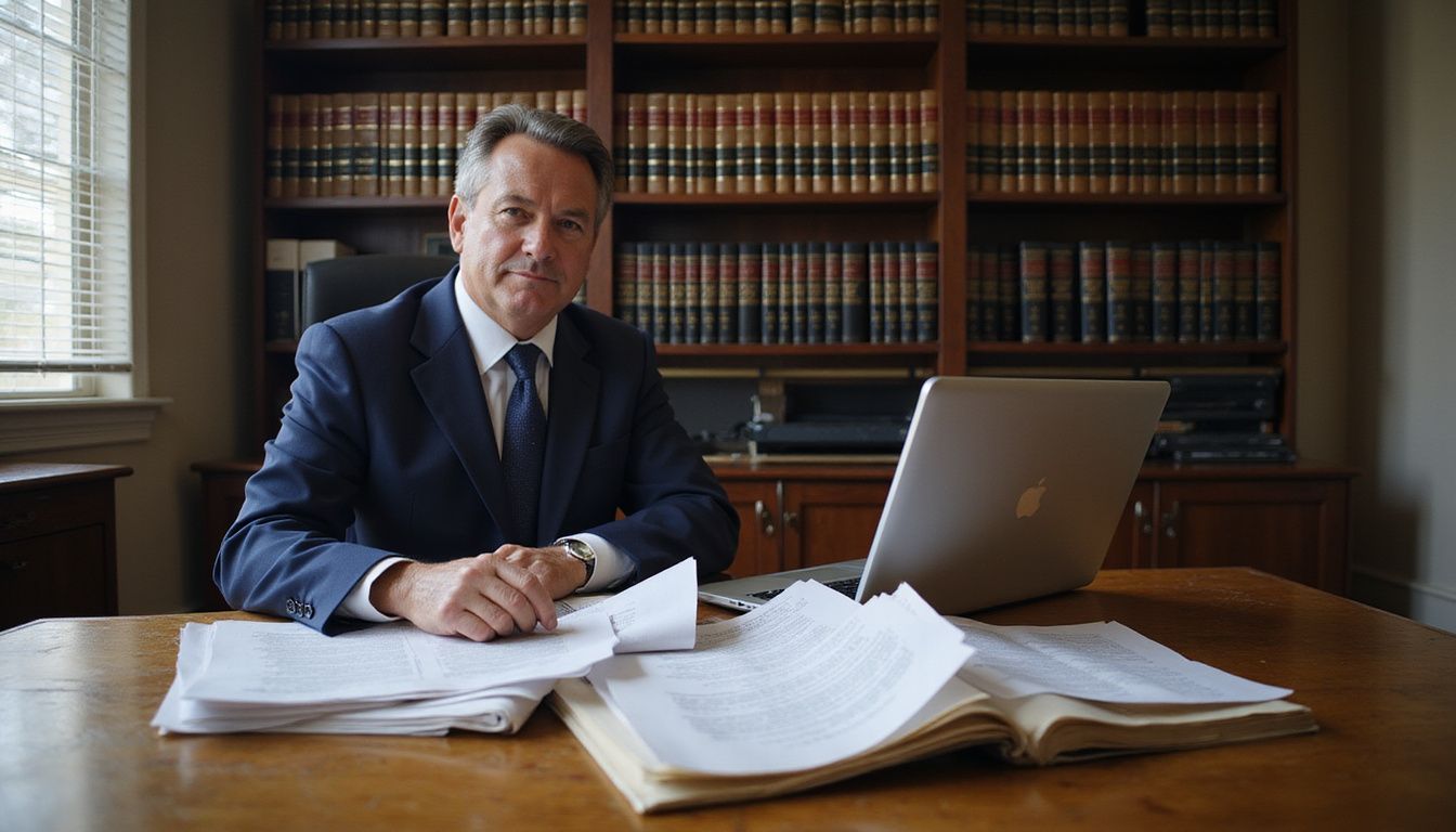 A focused attorney reviews DUI legal documents in a traditional office. A focused attorney reviews DUI legal documents in a traditional office.