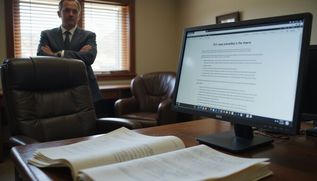 A lawyer reviews DUI case precedents in a modest office setting. A lawyer reviews DUI case precedents in a modest office setting.