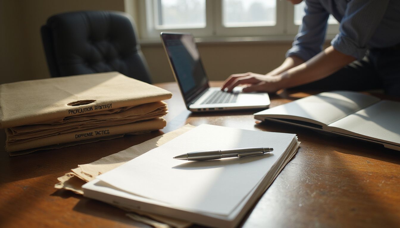 An organized office desk with work materials and a laptop. An organized office desk with work materials and a laptop.