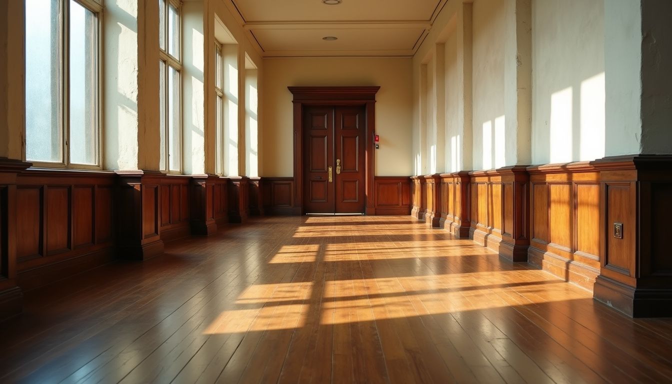 A solemn courthouse hallway leading to a heavy courtroom door. A solemn courthouse hallway leading to a heavy courtroom door.