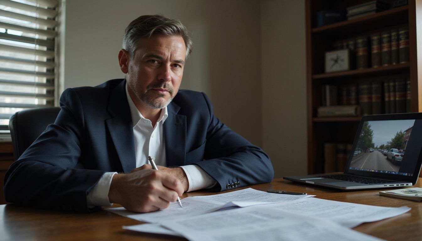A focused defense attorney reviews police reports in his office. A focused defense attorney reviews police reports in his office.