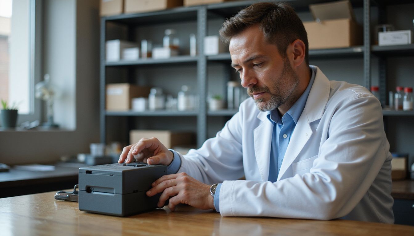 A forensic scientist examines a breathalyzer in an organized lab. A forensic scientist examines a breathalyzer in an organized lab.