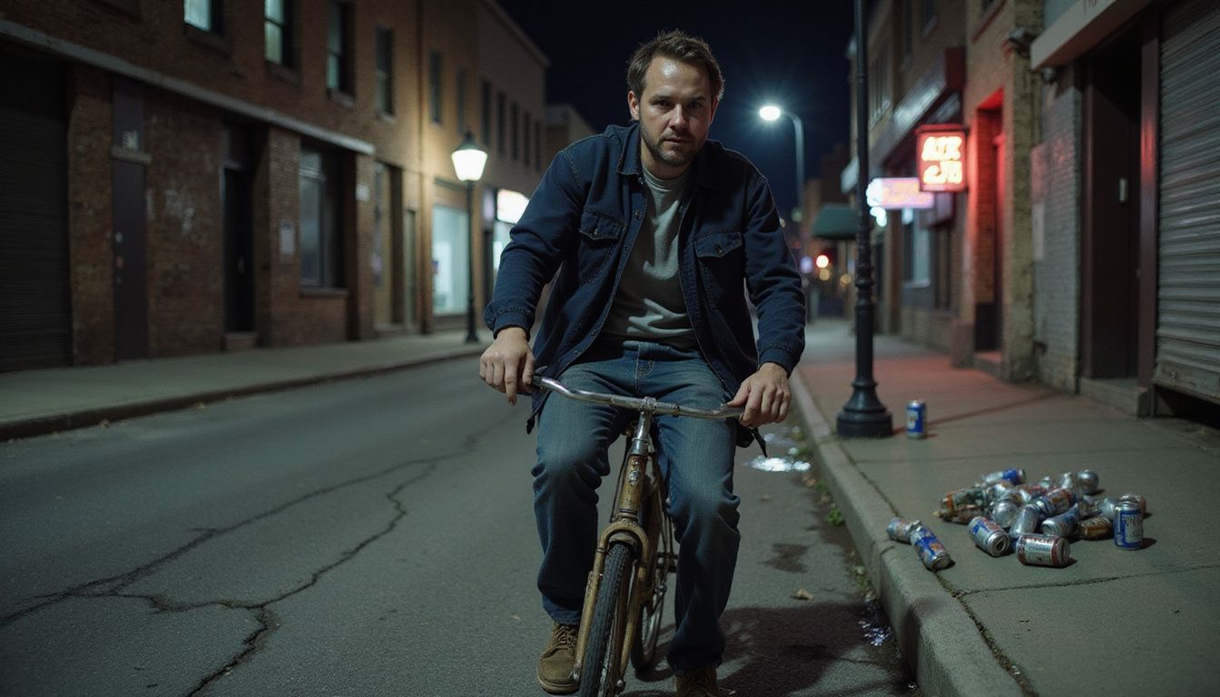 A man rides a rusty bicycle through a gritty urban street. A man rides a rusty bicycle through a gritty urban street.