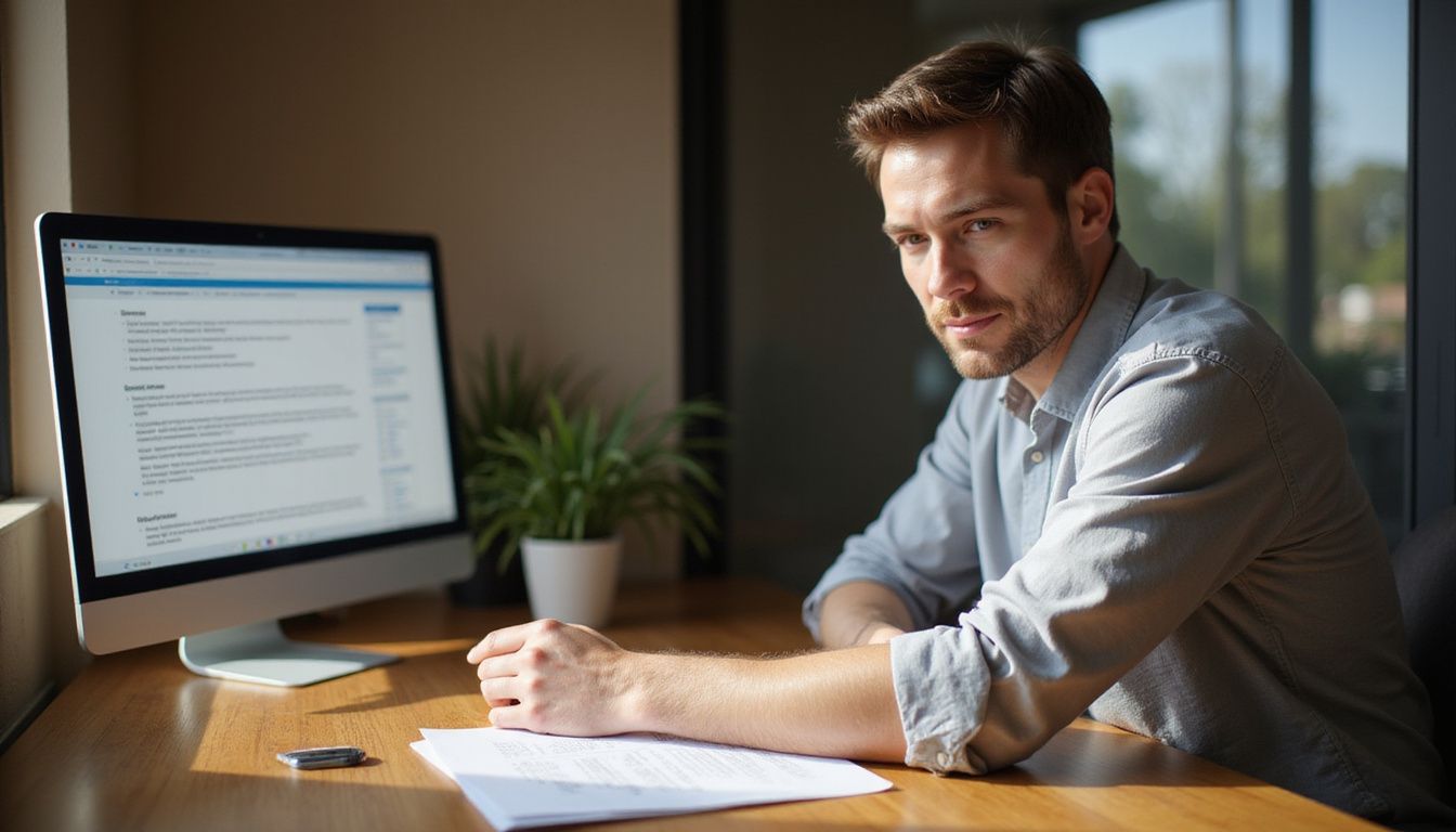 A man in a home office reviews legal documents with focus. A man in a home office reviews legal documents with focus.