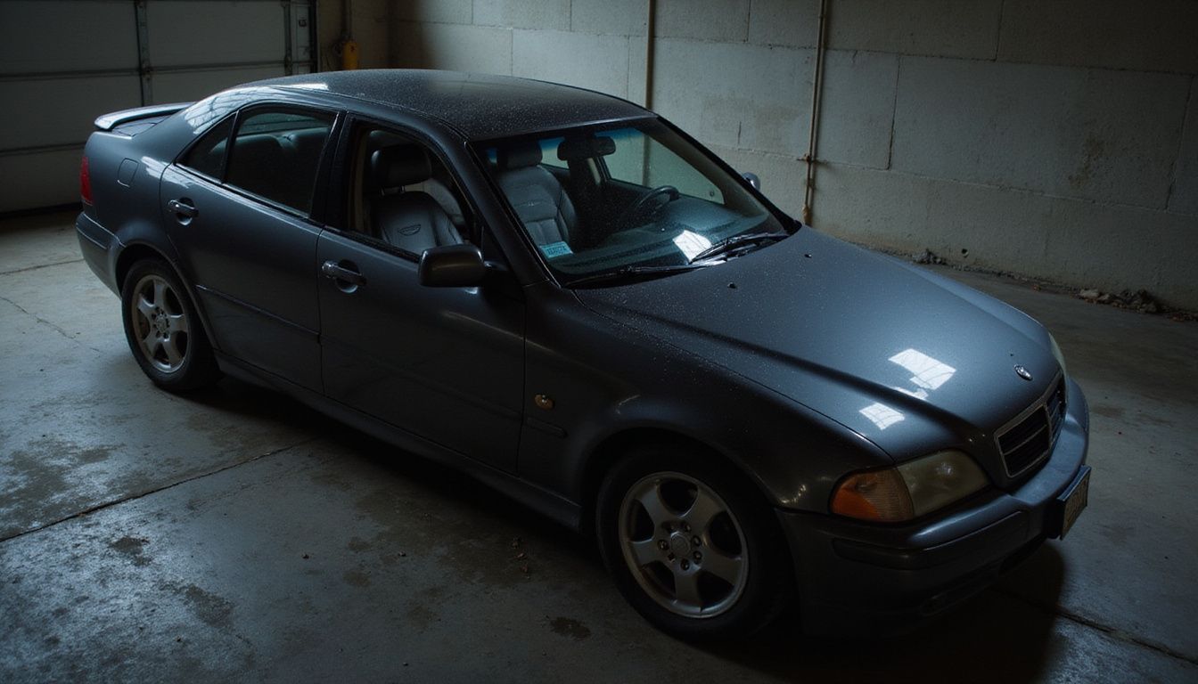 A dark gray sedan with an ignition interlock device in a garage. A dark gray sedan with an ignition interlock device in a garage.
