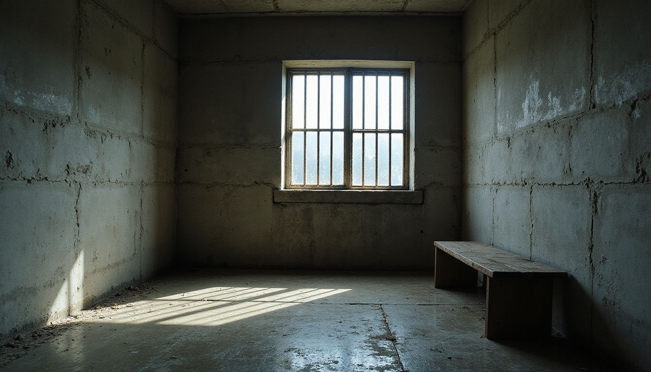 An empty jail cell with cold, weathered materials and shadows. An empty jail cell with cold, weathered materials and shadows.