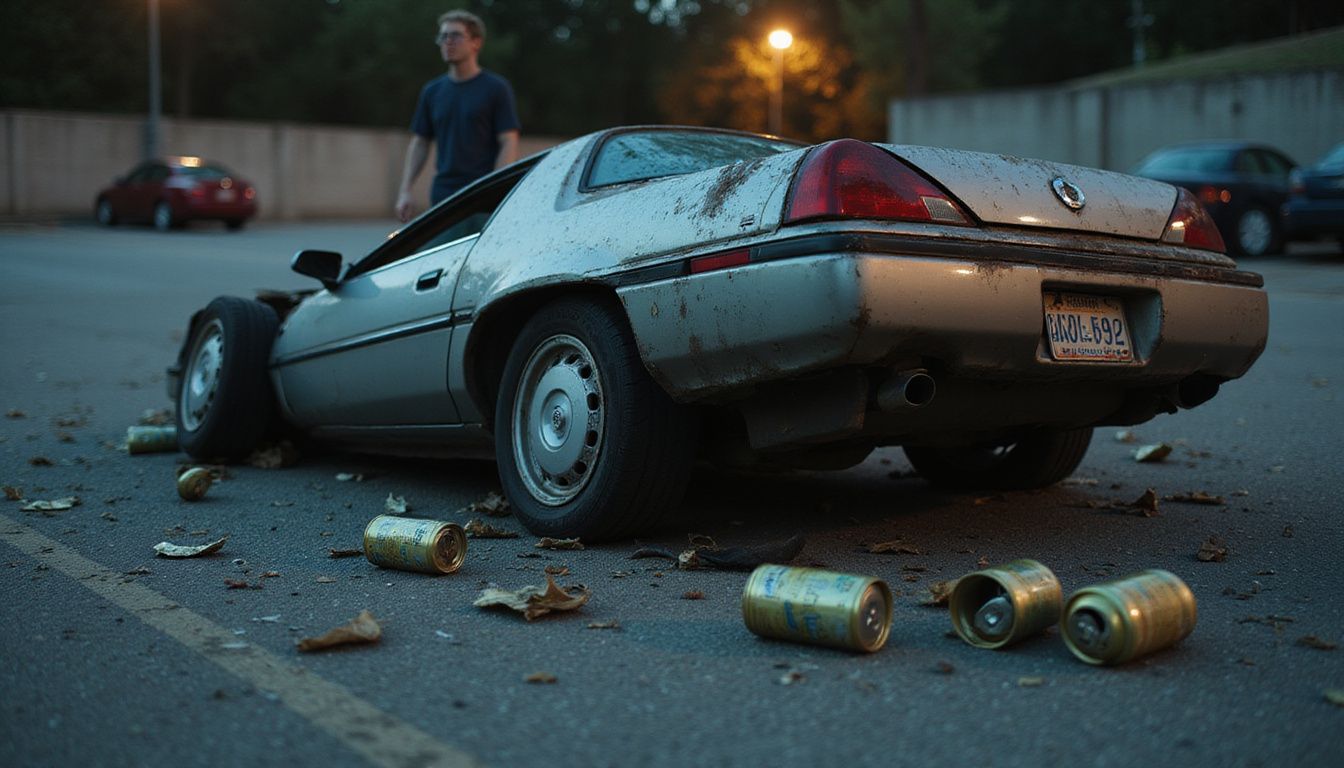 An overturned sedan in a littered parking lot surrounded by tension. An overturned sedan in a littered parking lot surrounded by tension.