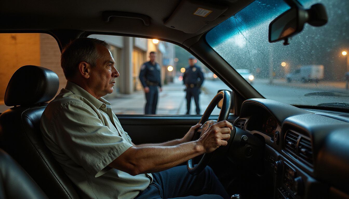 A tense man sits in a car, observing police officers outside. A tense man sits in a car, observing police officers outside.