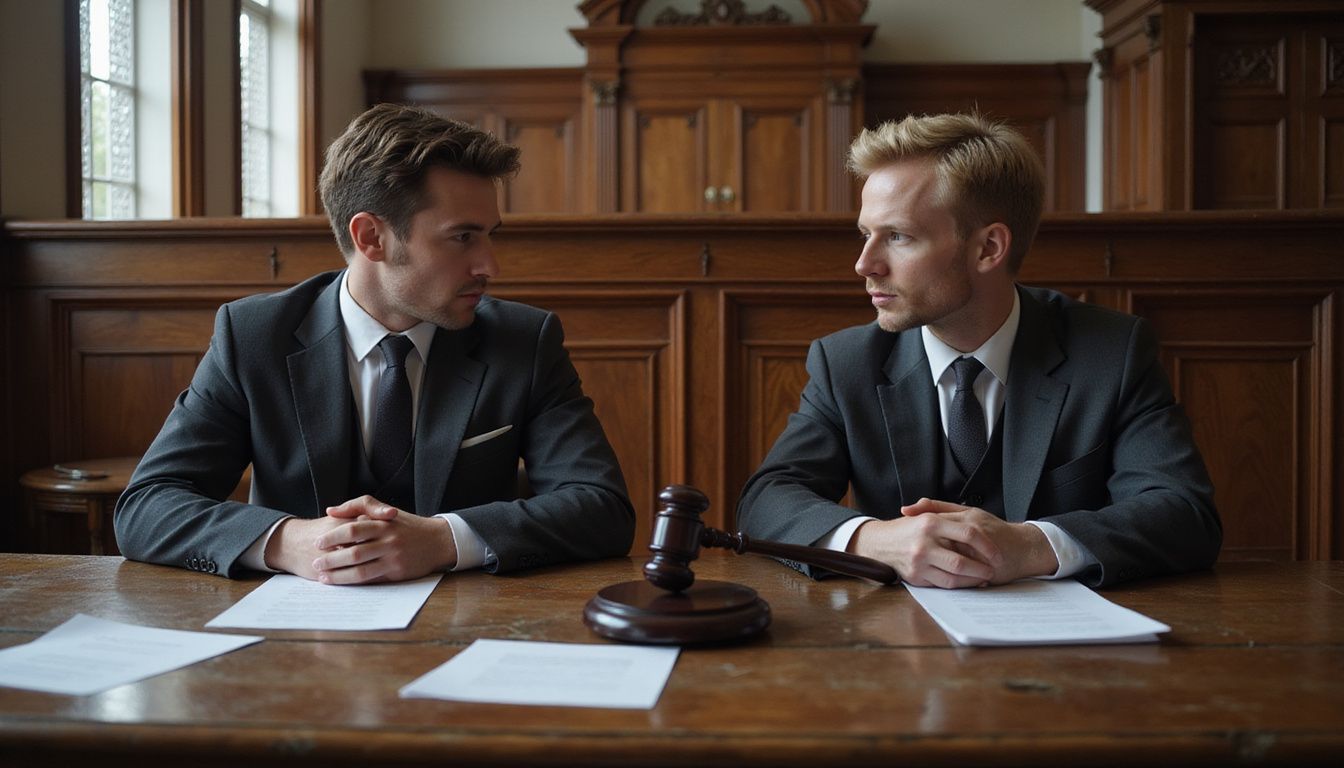 A serious attorney discusses case details with a nervous client in court. A serious attorney discusses case details with a nervous client in court.