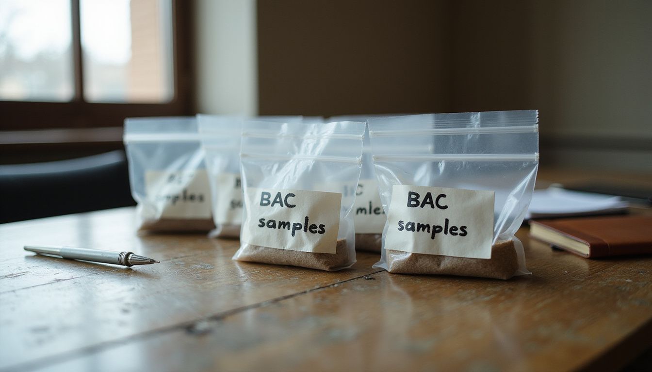 Evidence bags labeled 'BAC samples' arranged on a wooden desk. Evidence bags labeled 'BAC samples' arranged on a wooden desk.