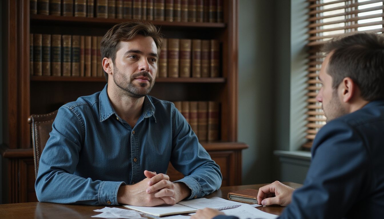 A serious man meets with his lawyer in a modest office. A serious man meets with his lawyer in a modest office.