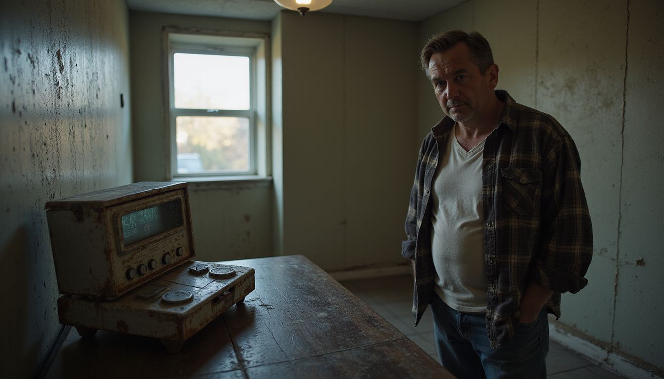 An old breathalyzer sits on a worn table, intriguing a man. An old breathalyzer sits on a worn table, intriguing a man.