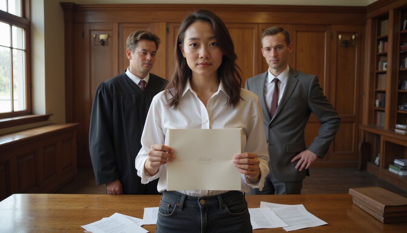 A young individual expresses relief while holding a certificate in court. A young individual expresses relief while holding a certificate in court.