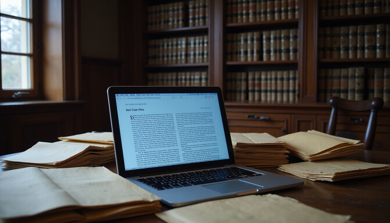 A cluttered law office with case files and legal books. A cluttered law office with case files and legal books.
