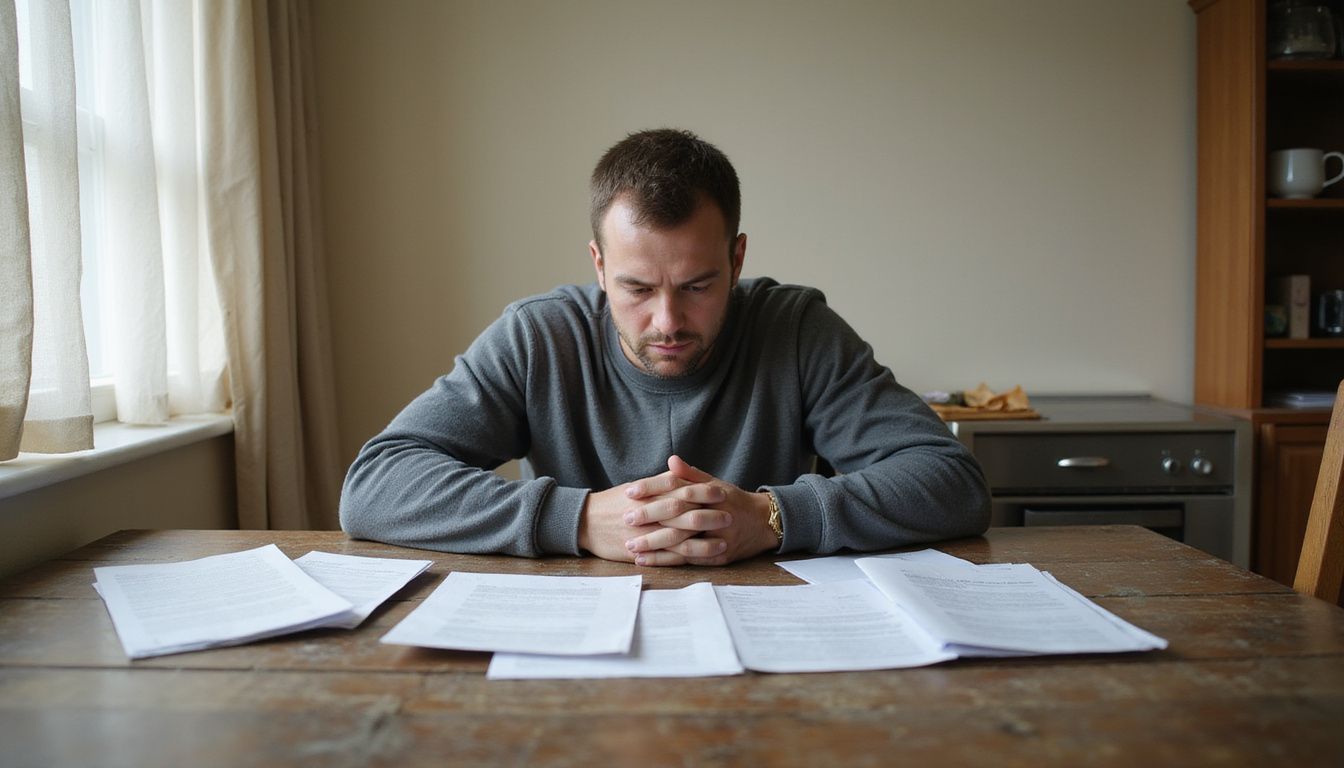 A person sits at a table, overwhelmed by financial stress and bills. A person sits at a table, overwhelmed by financial stress and bills.