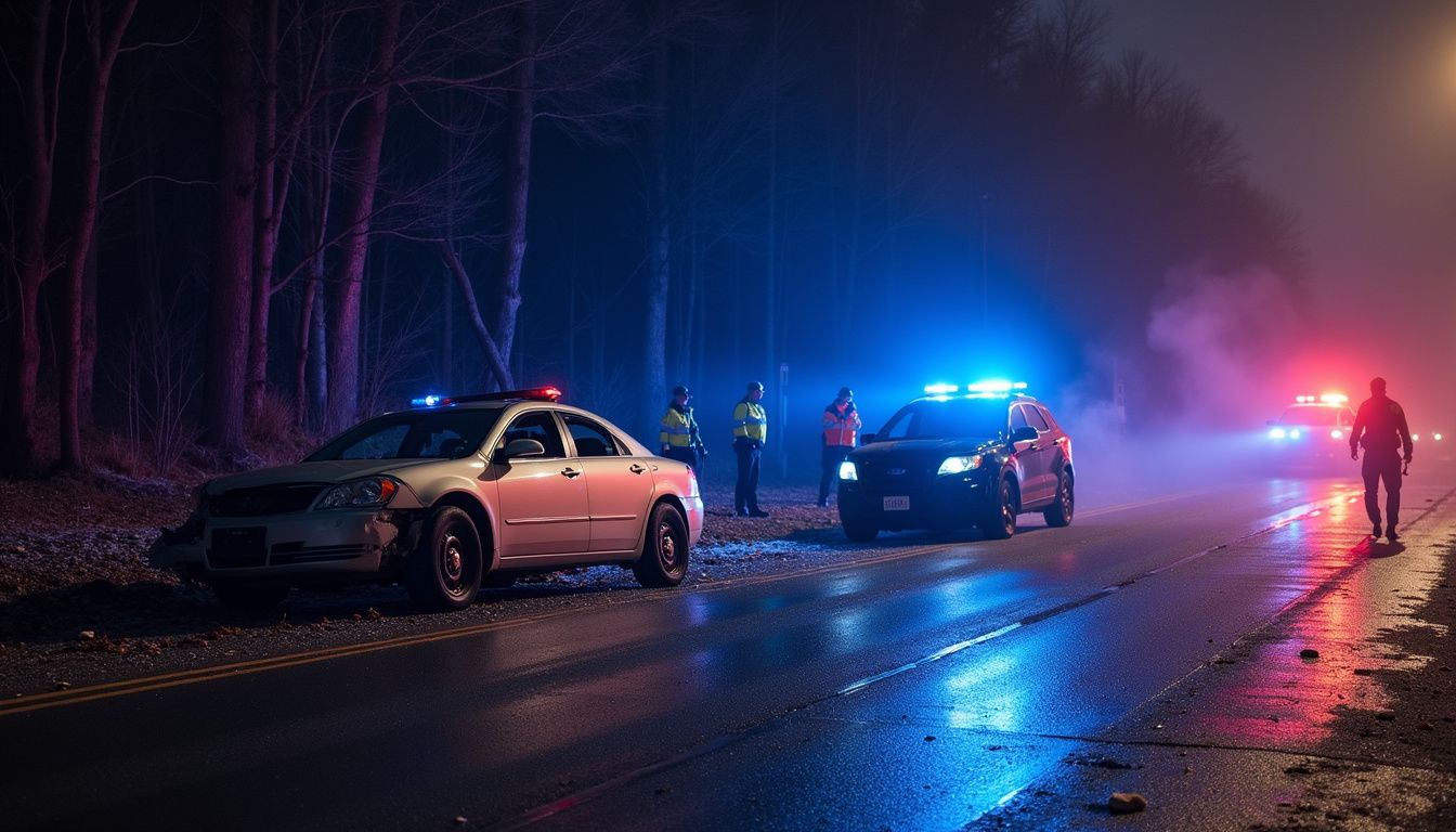 A serious car crash scene with emergency responders and onlookers. A serious car crash scene with emergency responders and onlookers.