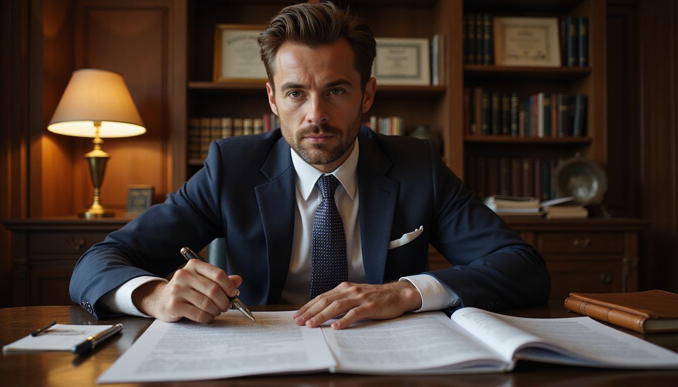 A focused man in a suit reviews forensic reports at his desk. A focused man in a suit reviews forensic reports at his desk.
