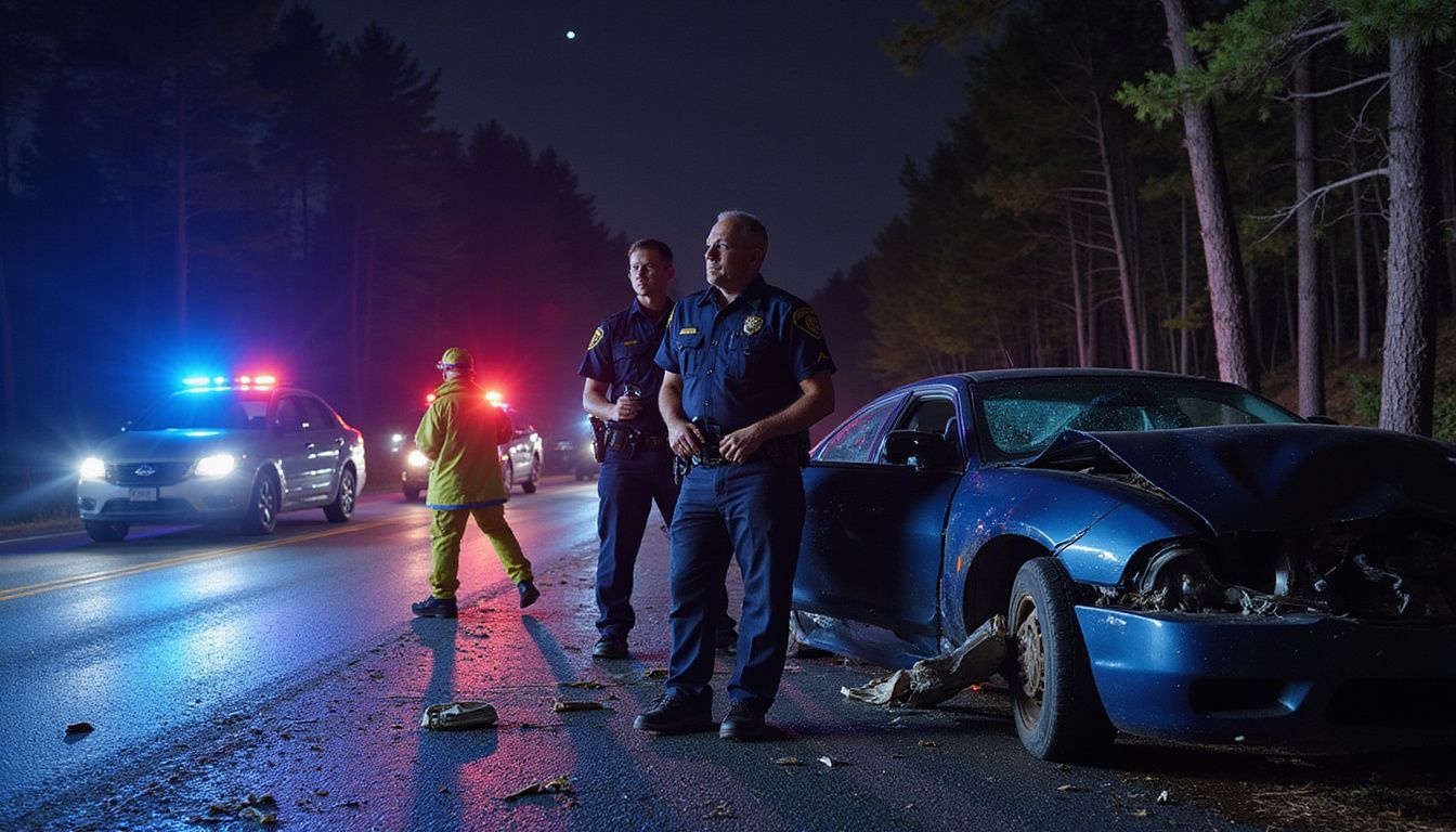 Emergency responders attend to a serious night-time vehicle collision. Emergency responders attend to a serious night-time vehicle collision.