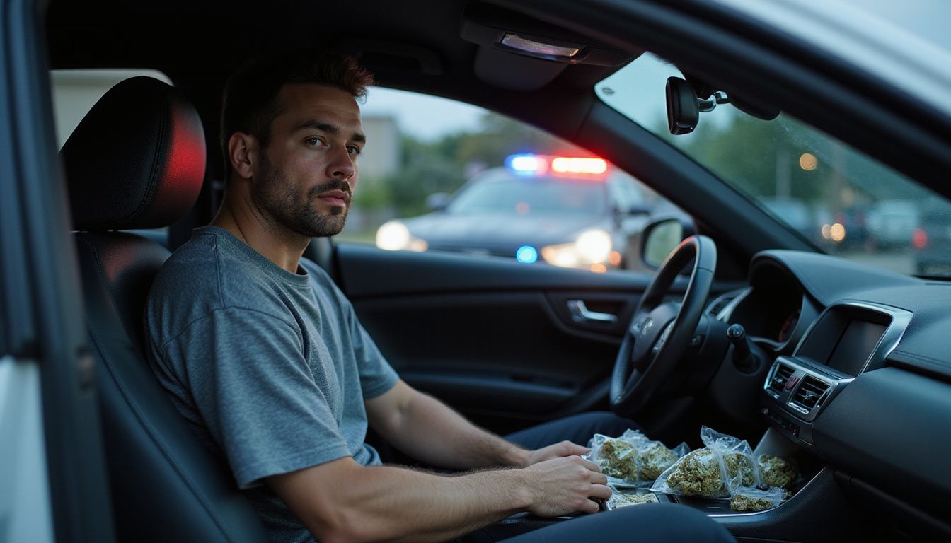 A man in a sedan appears tense, surrounded by marijuana packaging. A man in a sedan appears tense, surrounded by marijuana packaging.