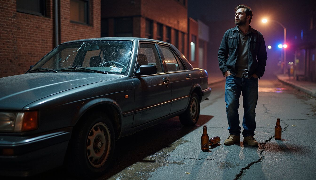 A man stands shocked beside a crashed car and scattered beer bottles. A man stands shocked beside a crashed car and scattered beer bottles.