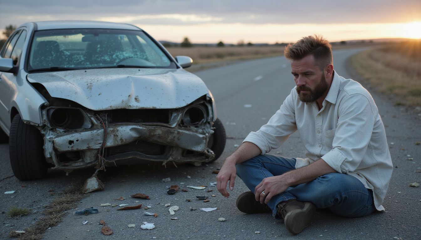 A damaged sedan rests on the roadside; a man sits in shock. A damaged sedan rests on the roadside; a man sits in shock.