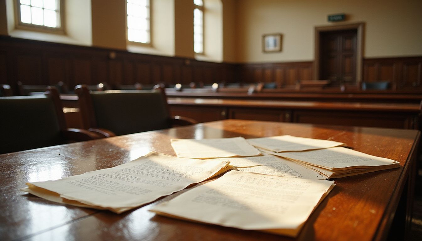 An empty courtroom with scattered legal documents and polished wood features. An empty courtroom with scattered legal documents and polished wood features.