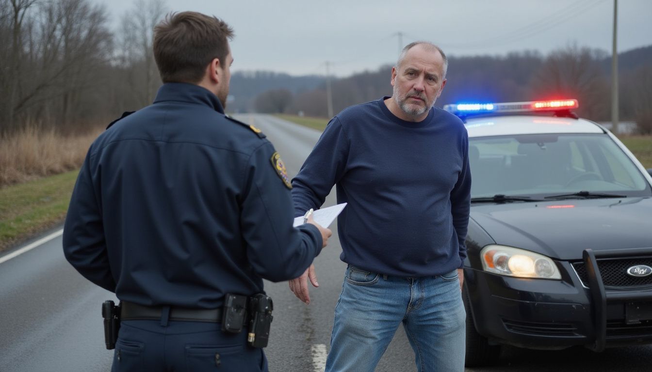A man performs a sobriety test administered by a police officer. A man performs a sobriety test administered by a police officer.