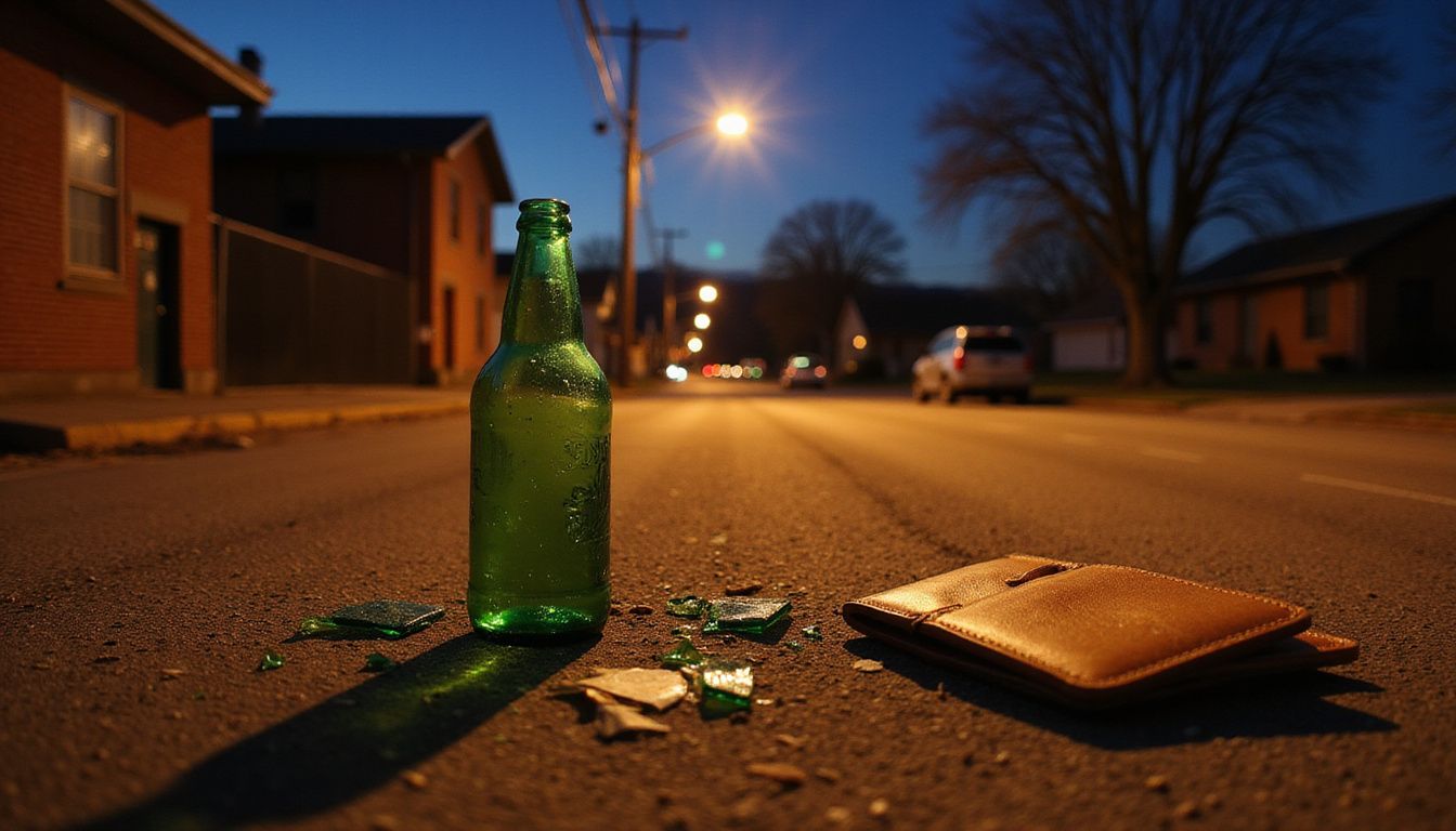 An empty street features a shattered bottle and a lost wallet. An empty street features a shattered bottle and a lost wallet.