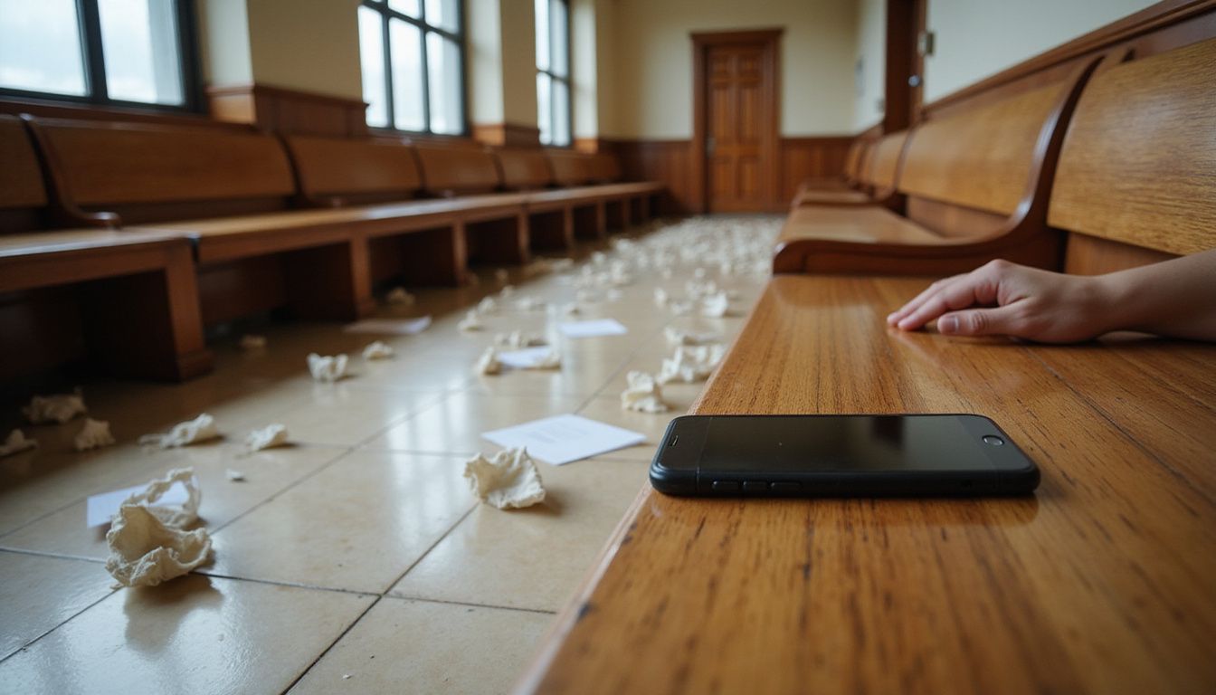 A courthouse hallway features benches and scattered legal documents. A courthouse hallway features benches and scattered legal documents.