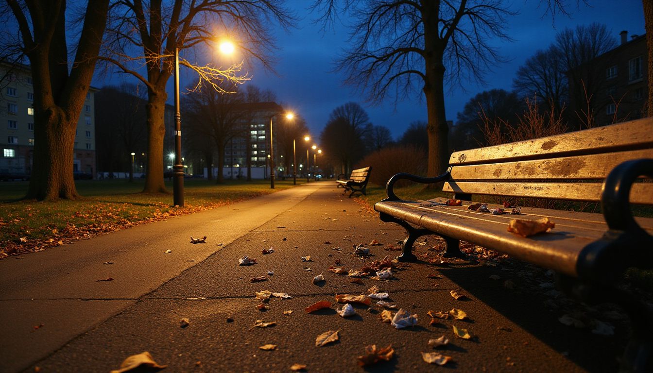 An empty urban park at night reflects solitude and neglect. An empty urban park at night reflects solitude and neglect.