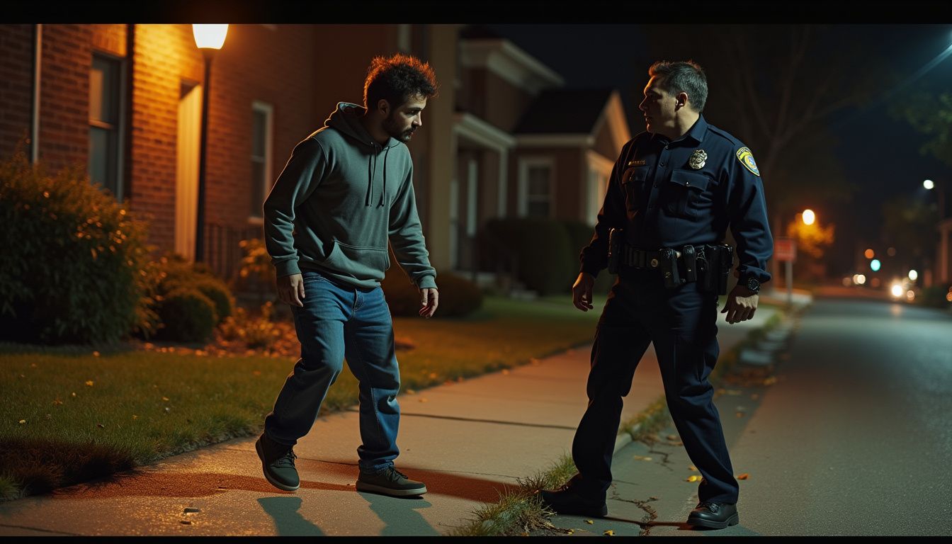 A disoriented man is approached by a concerned police officer. A disoriented man is approached by a concerned police officer.