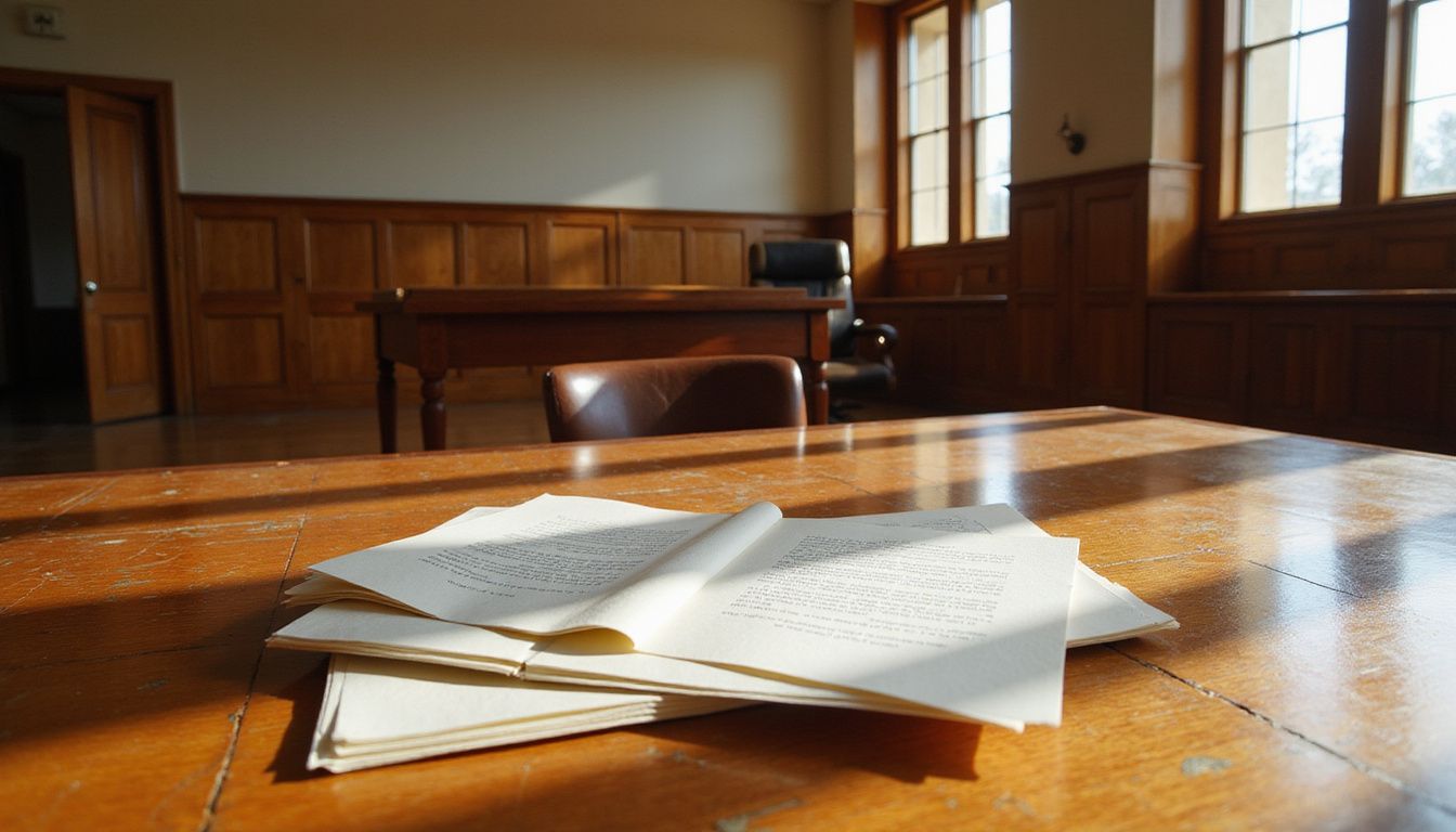 An empty courtroom features a wooden table and scattered legal documents. An empty courtroom features a wooden table and scattered legal documents.