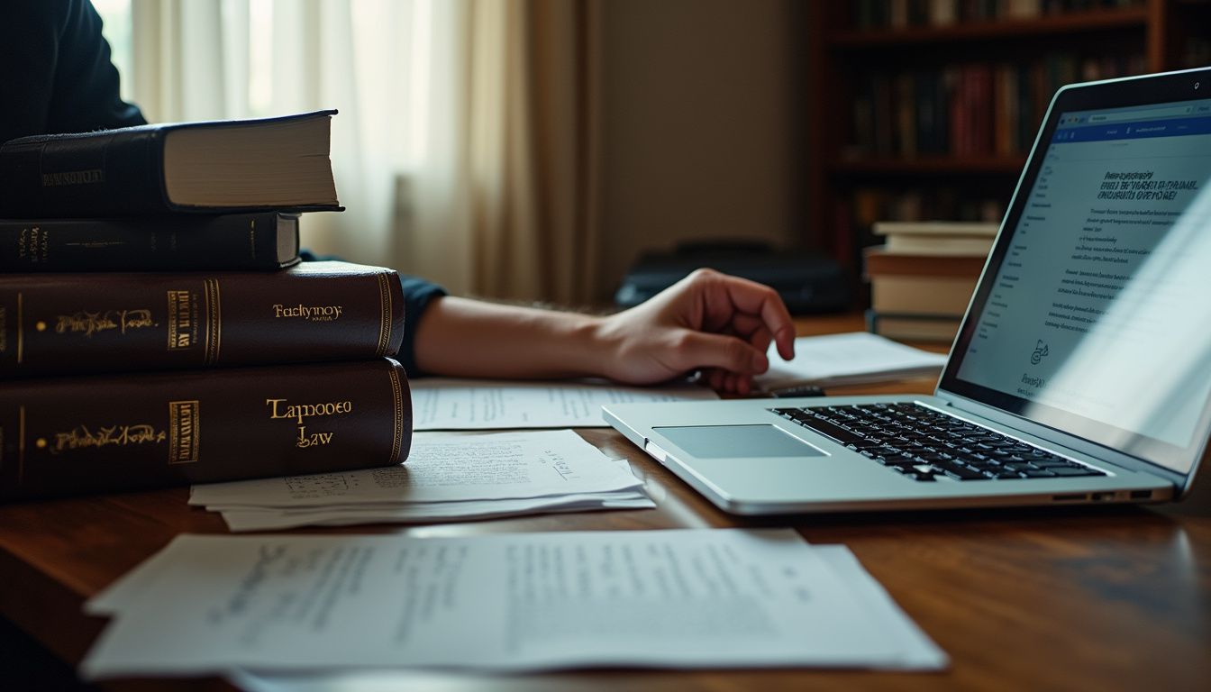 A cluttered wooden desk filled with legal books and documents. A cluttered wooden desk filled with legal books and documents.