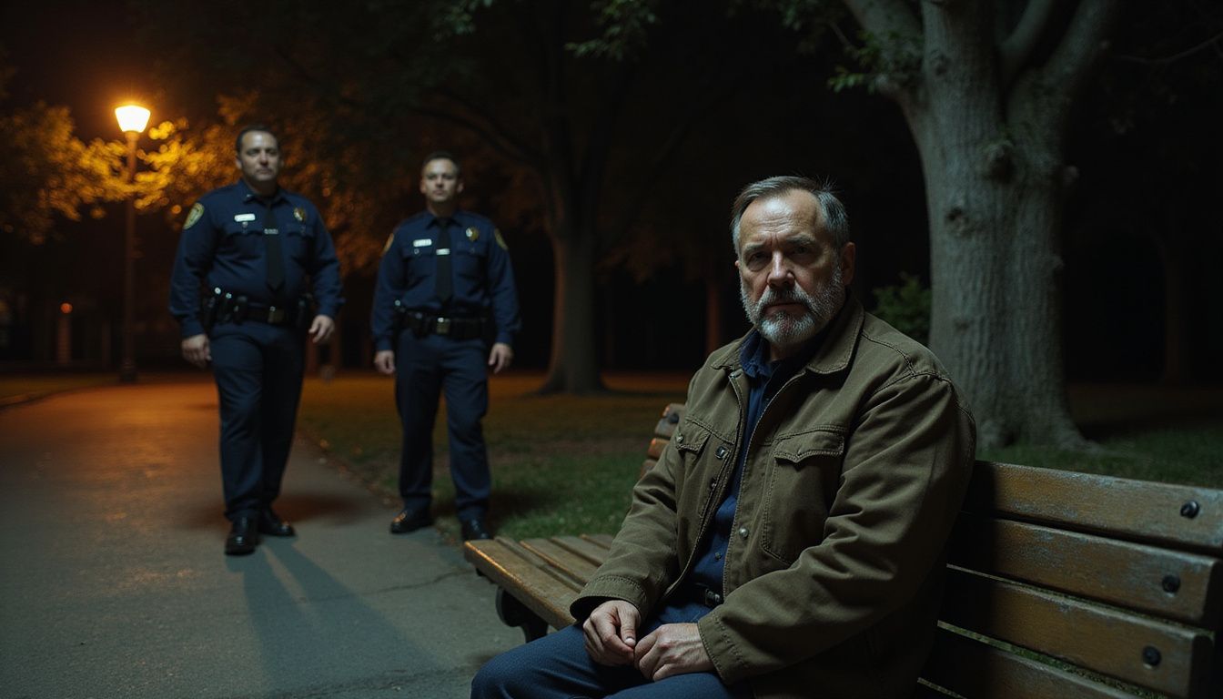 A weary man sits alone on a park bench at night. A weary man sits alone on a park bench at night.