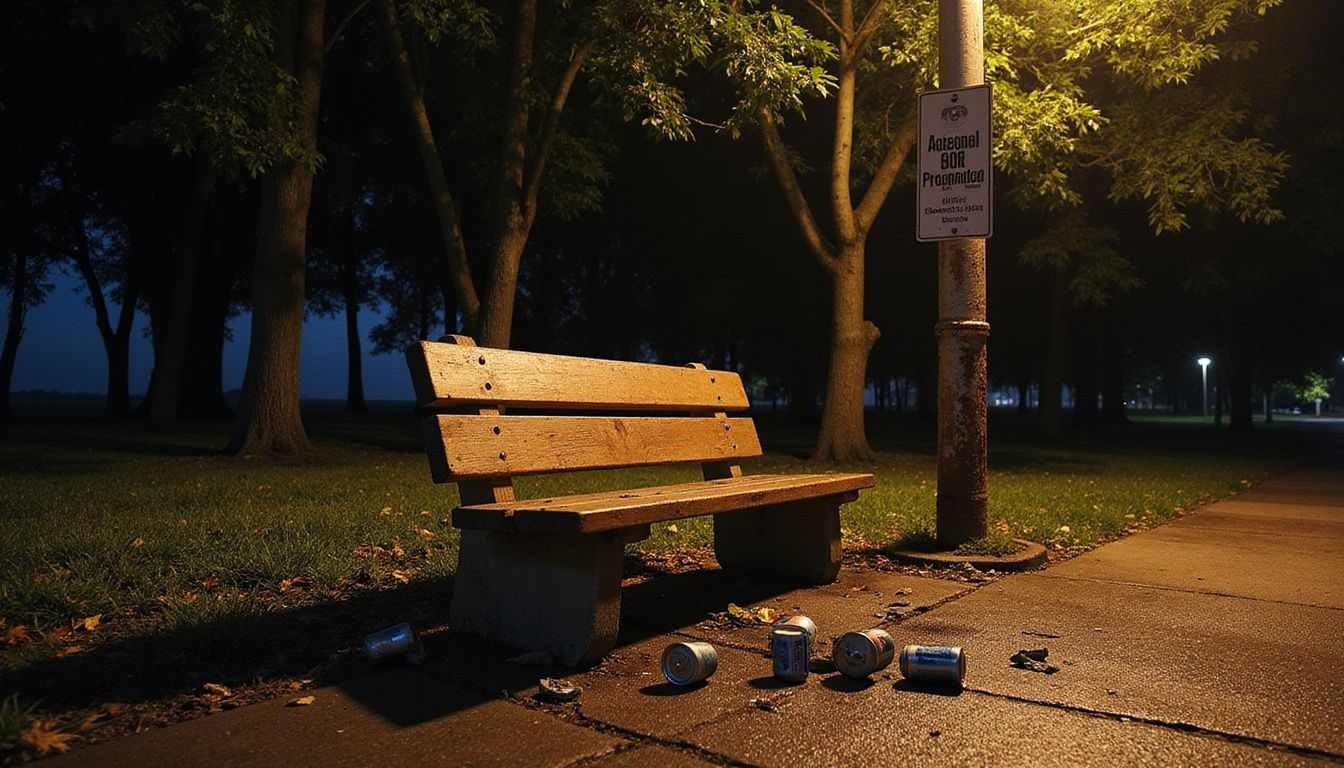 A weathered bench amidst discarded beer cans in a quiet park. A weathered bench amidst discarded beer cans in a quiet park.