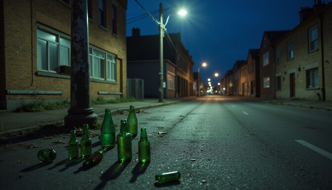 An empty, neglected urban street at night reflects urban decay. An empty, neglected urban street at night reflects urban decay.