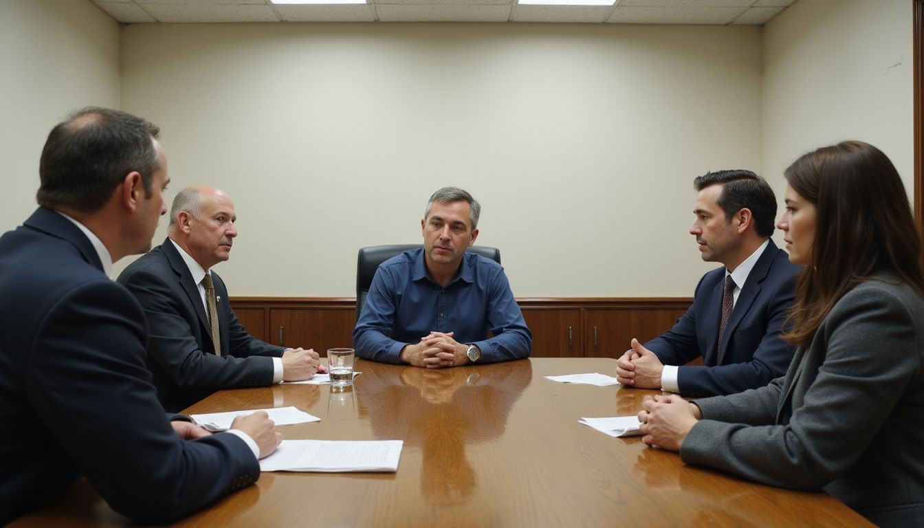 A man consults with a defense attorney in a courthouse meeting room.