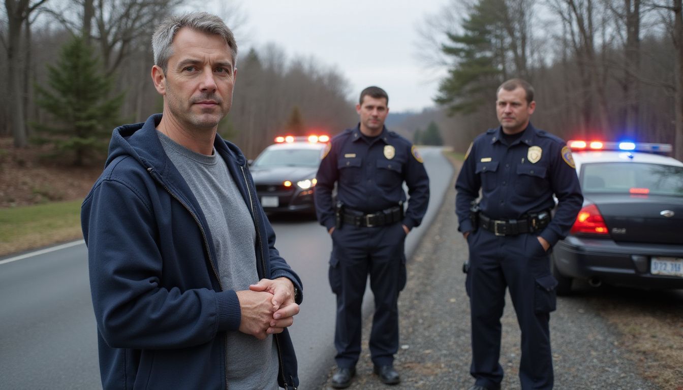 A middle-aged man calmly discusses his rights with police officers.