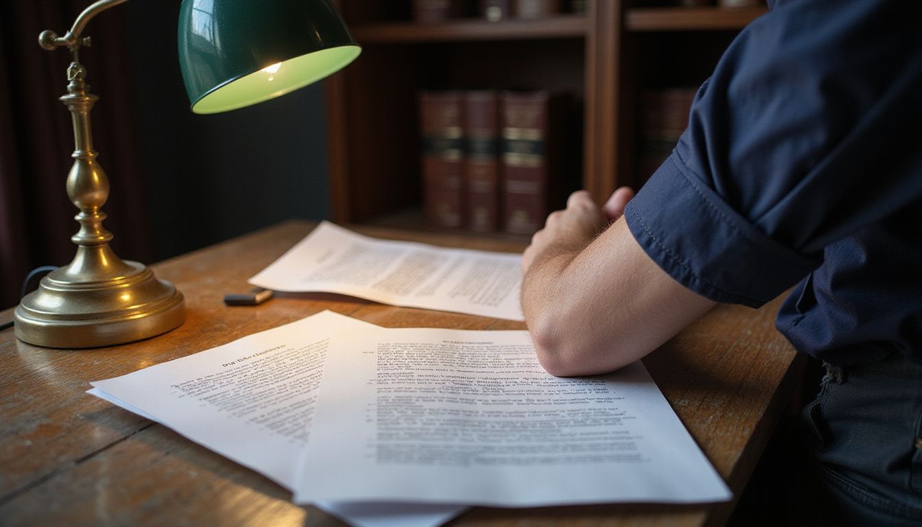 A cluttered wooden desk filled with legal documents and focused individual.