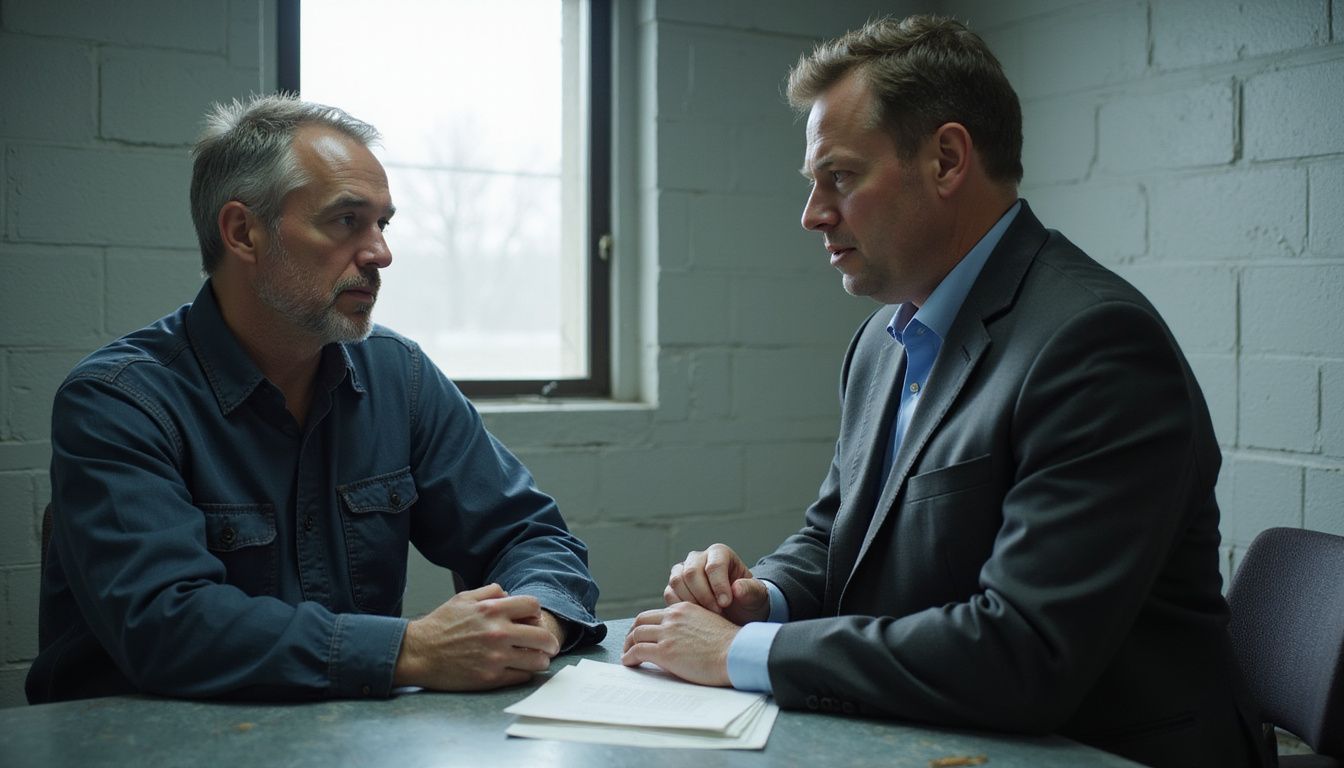 A man consults with his attorney in a cramped interrogation room.