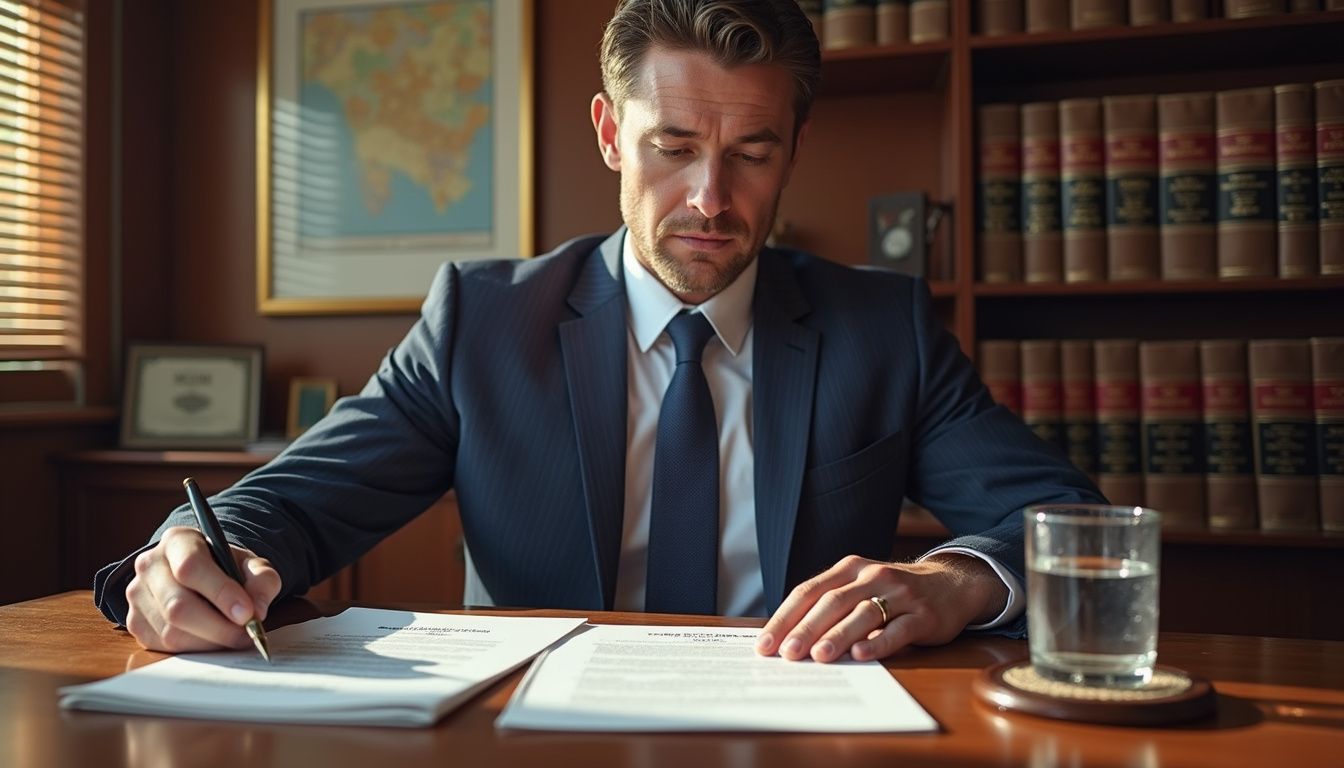 A focused lawyer reviews contracts in a polished office setting.