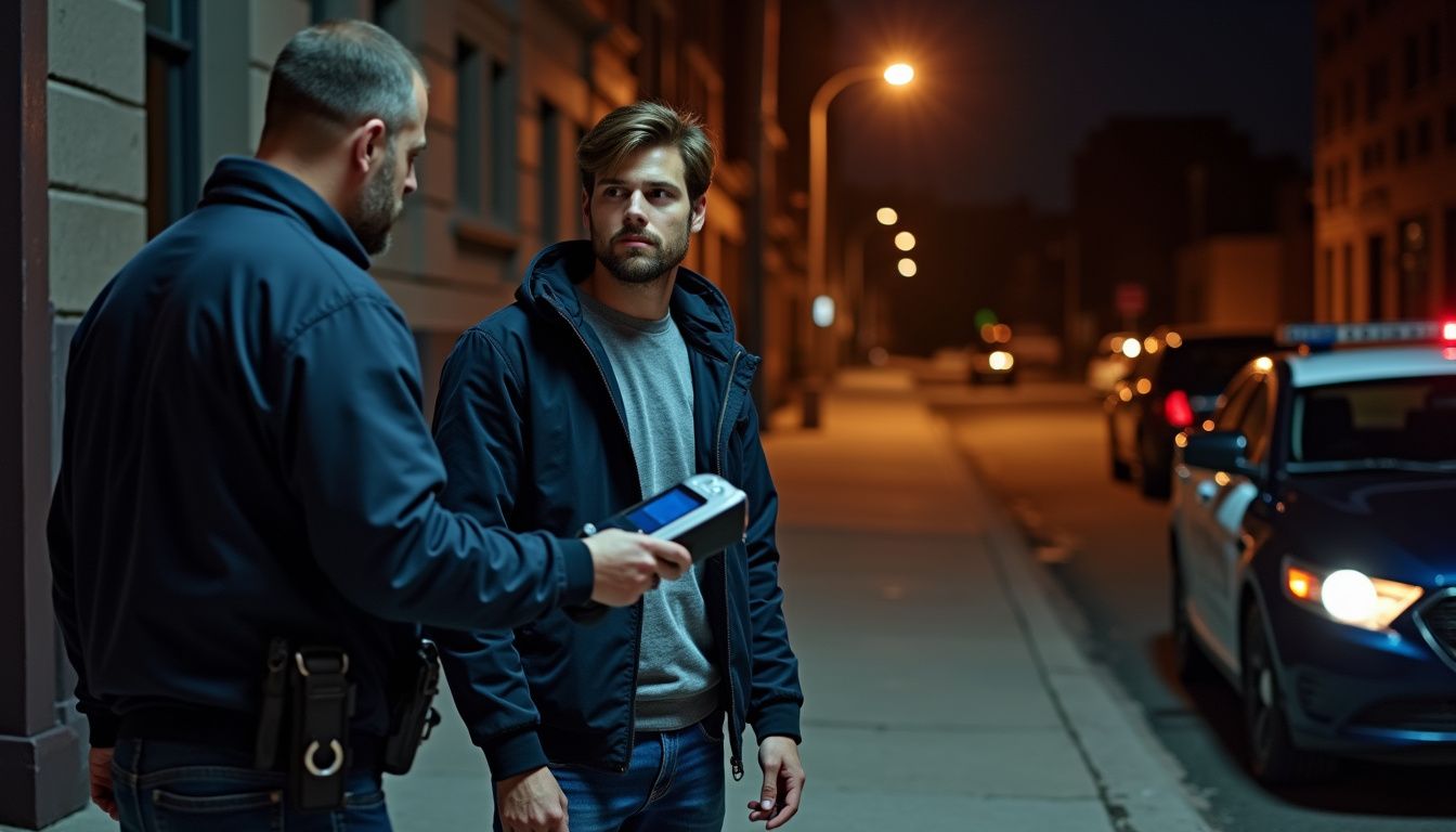 A man stands beside a police officer holding a breathalyzer.