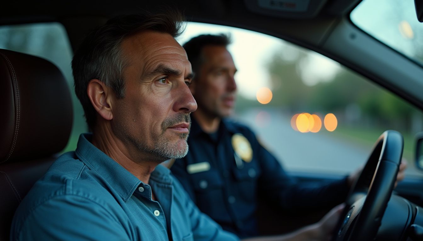 A middle-aged man sits in a car talking to a police officer.