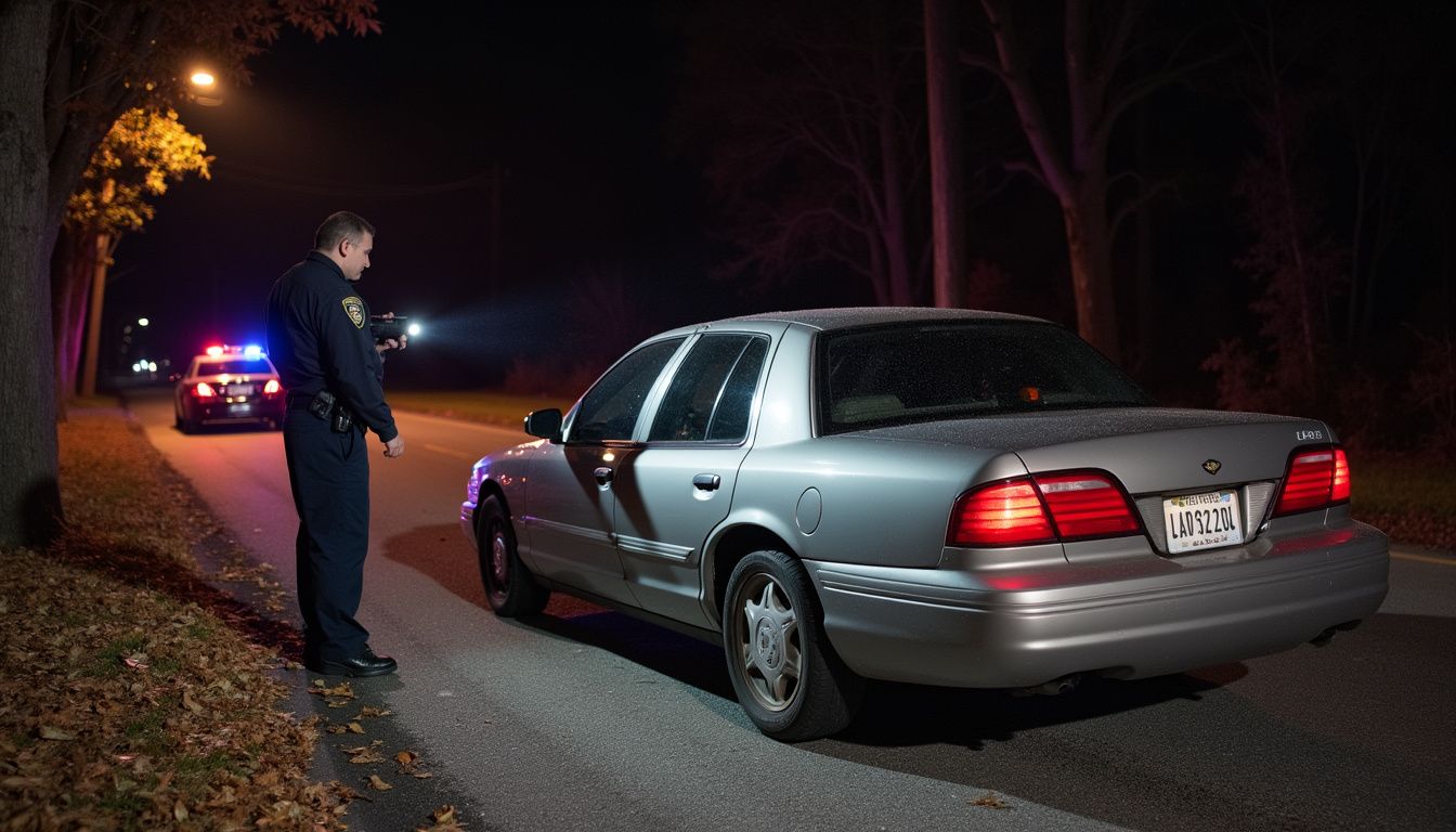 A police officer conducts a roadside safety check on a sedan.