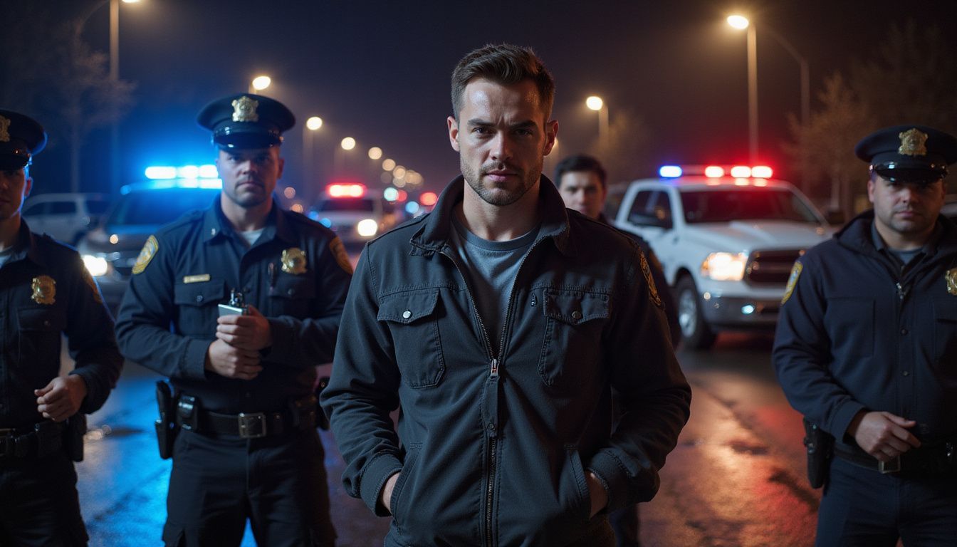 A tense roadside DUI stop with a defiant man and police officers. A tense roadside DUI stop with a defiant man and police officers.