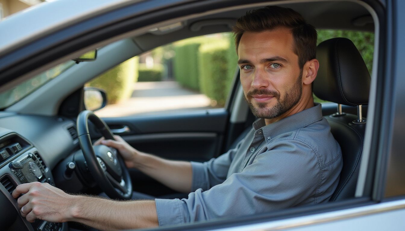 A man sits thoughtfully in a sedan with an ignition interlock device. A man sits thoughtfully in a sedan with an ignition interlock device.