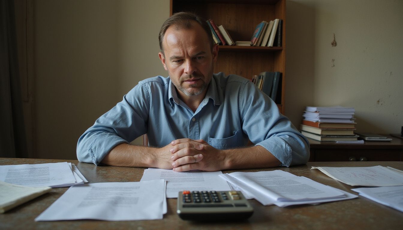 A focused individual contemplates legal documents at a cluttered desk. A focused individual contemplates legal documents at a cluttered desk.
